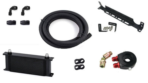 16 Row Universal Oil Cooler Kit BLACK, DIY Including Mountings, Lines, Fittings